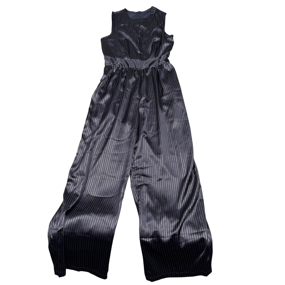 Shiny Party Disco Navy Blue Pinstripe Satin Sleeveless Wide Leg Jumpsuit Medium